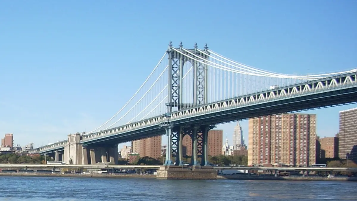 ニューヨーク市のイースト川に架かる鋼鉄製のマンハッタン橋の全景。青空の下、橋の巨大な構造が手前に大きく広がり、背景のマンハッタン島にはエンパイア・ステート・ビルディングを含む高層ビル群が建ち並んでいます。