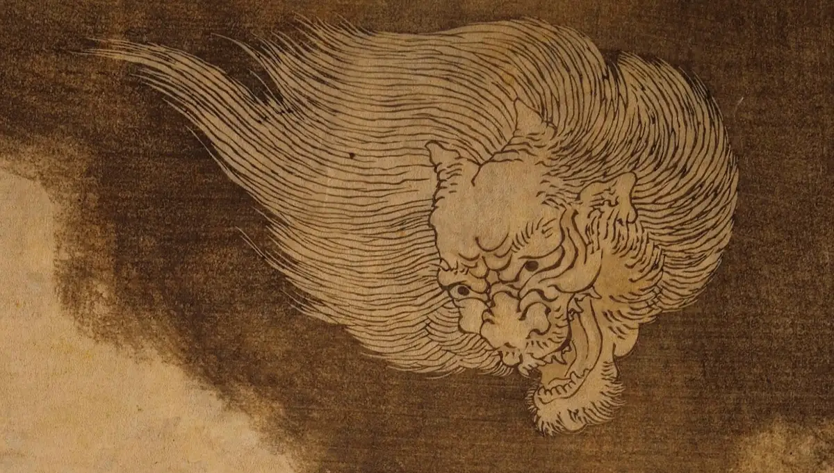 葛飾北斎による19世紀の墨画。長い髪をなびかせ、口を大きく開けて凄む鬼、あるいは怪異の頭部が、力強い筆致で描かれている。メトロポリタン美術館蔵。