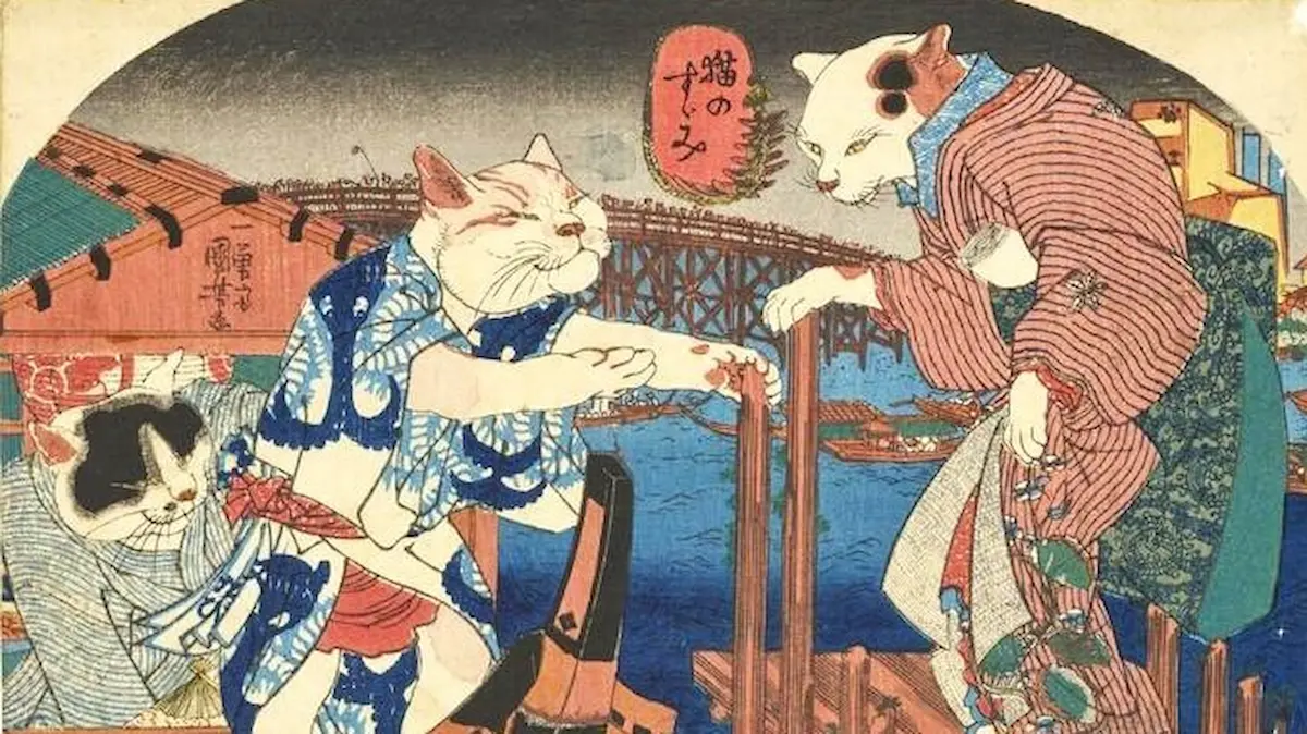 歌川国芳の浮世絵「猫のすゞみ」。擬人化された猫たちが着物を着て、両国橋を背景に夕涼みを楽しむ様子を描いた、パブリックドメインの作品。