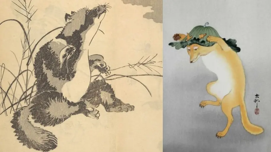 葛飾北斎の「月と狸（仮）」と、小原古邨の「踊る狐」を組み合わせた画像。左側は月を見上げる狸、右側は蓮の葉を被って踊る狐が描かれている。パブリックドメインの日本画コラージュ。