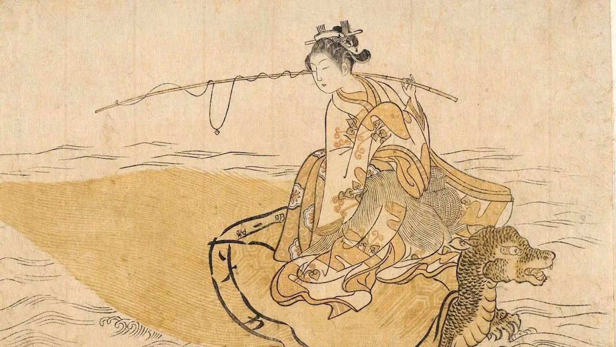 18世紀の浮世絵。華やかな着物をまとった乙姫が、海の上を泳ぐ巨大な亀の背に優雅に座っている。肩に釣り竿を担ぎ、穏やかな表情で龍宮城へと向かうような姿が、鈴木春信特有の繊細な筆致で描かれている。ボストン美術館蔵。