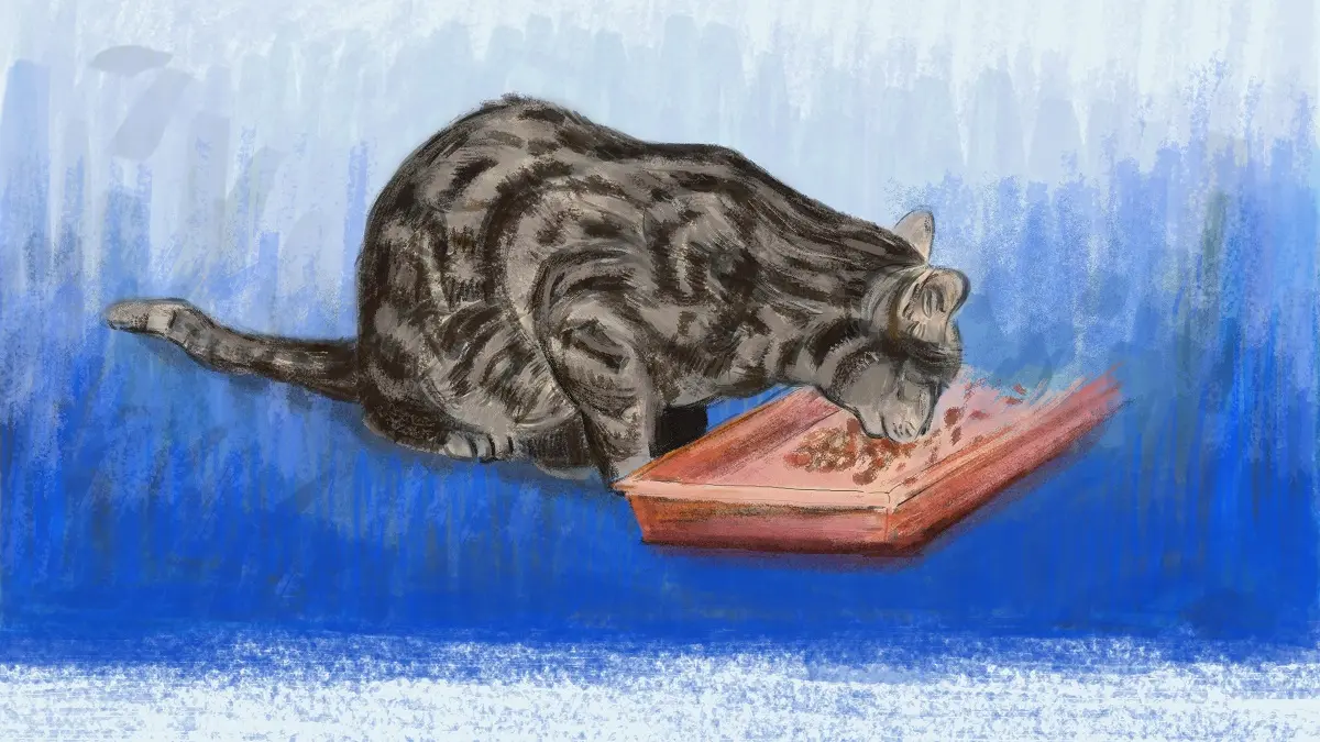 青い背景の前で、赤い餌箱から食事をするキジトラ猫のデジタル絵画。フランスの保護施設の猫をモデルにした作品。パブリックドメイン