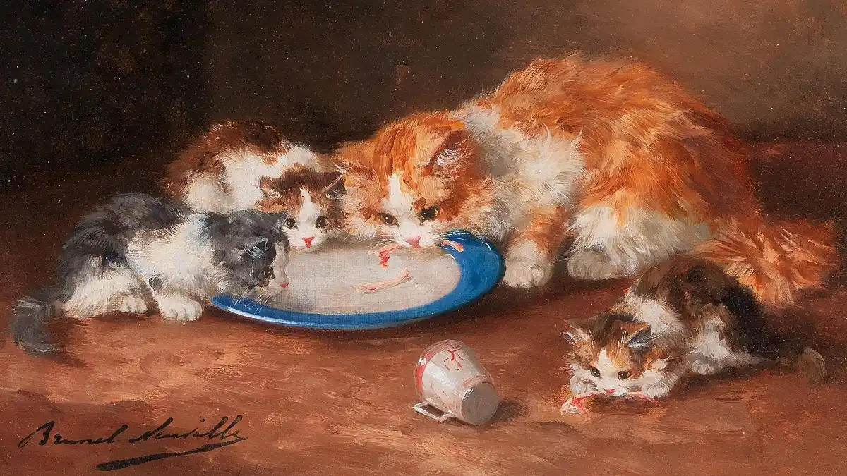 アルフレッド・アーサー・ブルネル＝ヌヴィル作『母猫と3匹の子猫』。19世紀フランスの画家による、パブリックドメインの猫の絵画です。