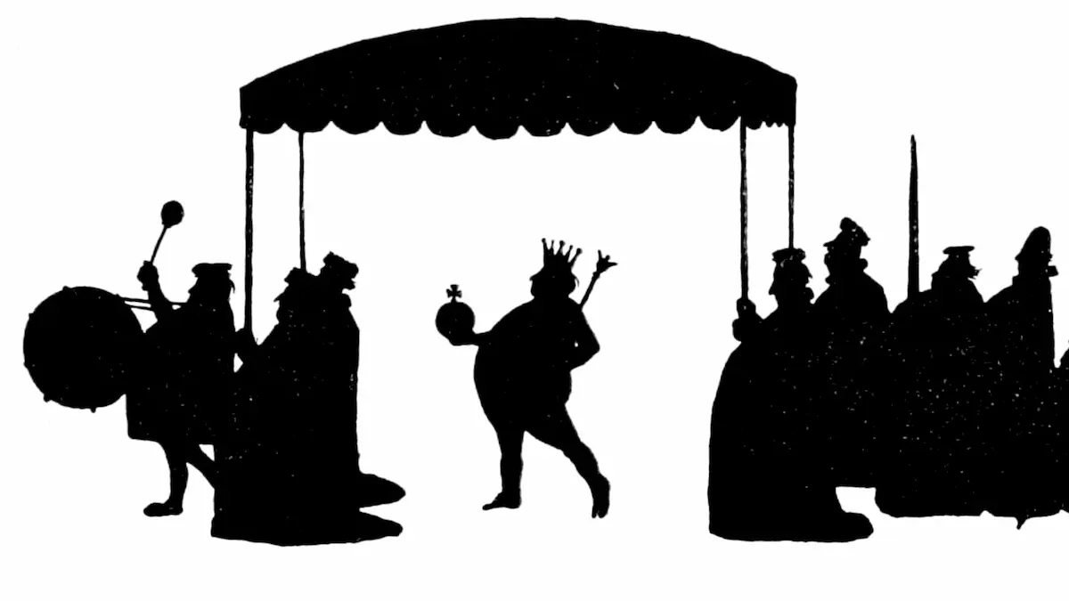 1913年版アンデルセン童話集より、W・ヒース・ロビンソンによる『裸の王様』のシルエットイラスト。裸に冠だけを被った王様が天蓋の下を堂々と歩き、周囲を家来や太鼓を叩く先導者が囲んでいる様子。
