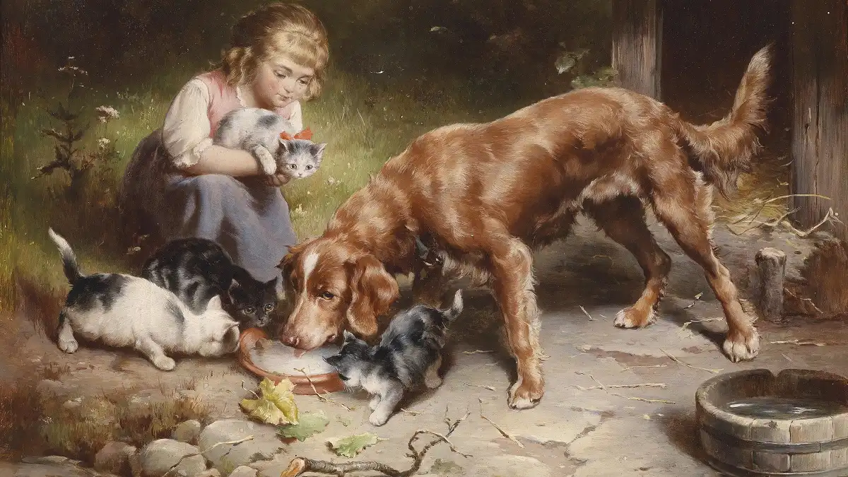 カール・ライヒェルト『Dinner Party』、食事をする犬と子猫の絵画（パブリックドメイン）