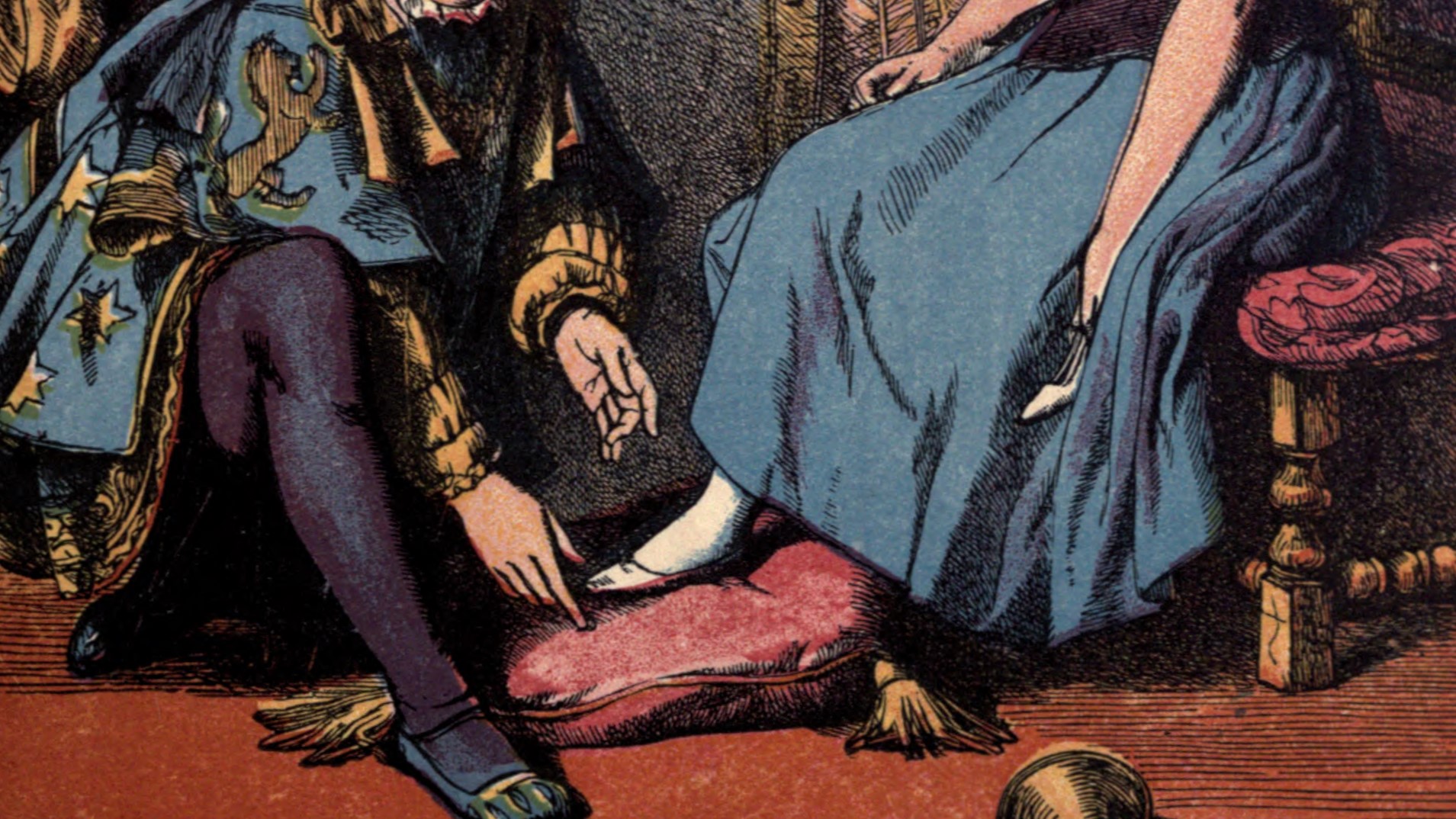 19世紀の挿絵画家ウォルター・クレインによる『シンデレラ』のイラスト。赤いクッションの上に置かれた白いガラスの靴に、シンデレラが足を滑り込ませる手元と足元のクローズアップ。