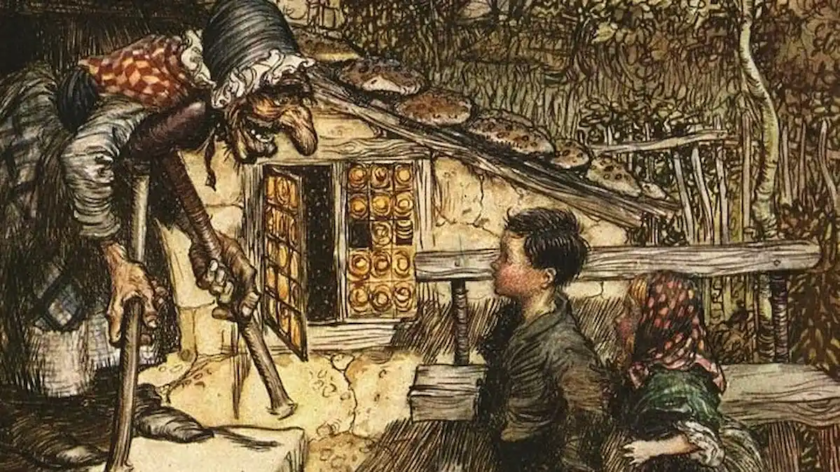 グリム童話「ヘンゼルとグレーテル」の挿絵。森の中、パンやお菓子でできた家の前で、驚いた表情の兄妹と、杖をついて前かがみになった不気味な魔女が対峙している。アーサー・ラッカムによる繊細な線描と落ち着いた色彩のヴィンテージ・イラスト。