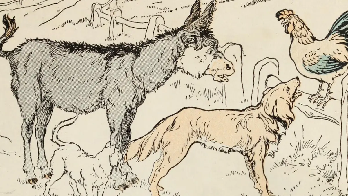 グリム童話「ブレーメンの音楽隊」の挿画。ロバ、イヌ、ニワトリが屋外で向き合っている様子を、1911年当時の繊細な線画と淡い彩色で描いたアンティークなイラスト。