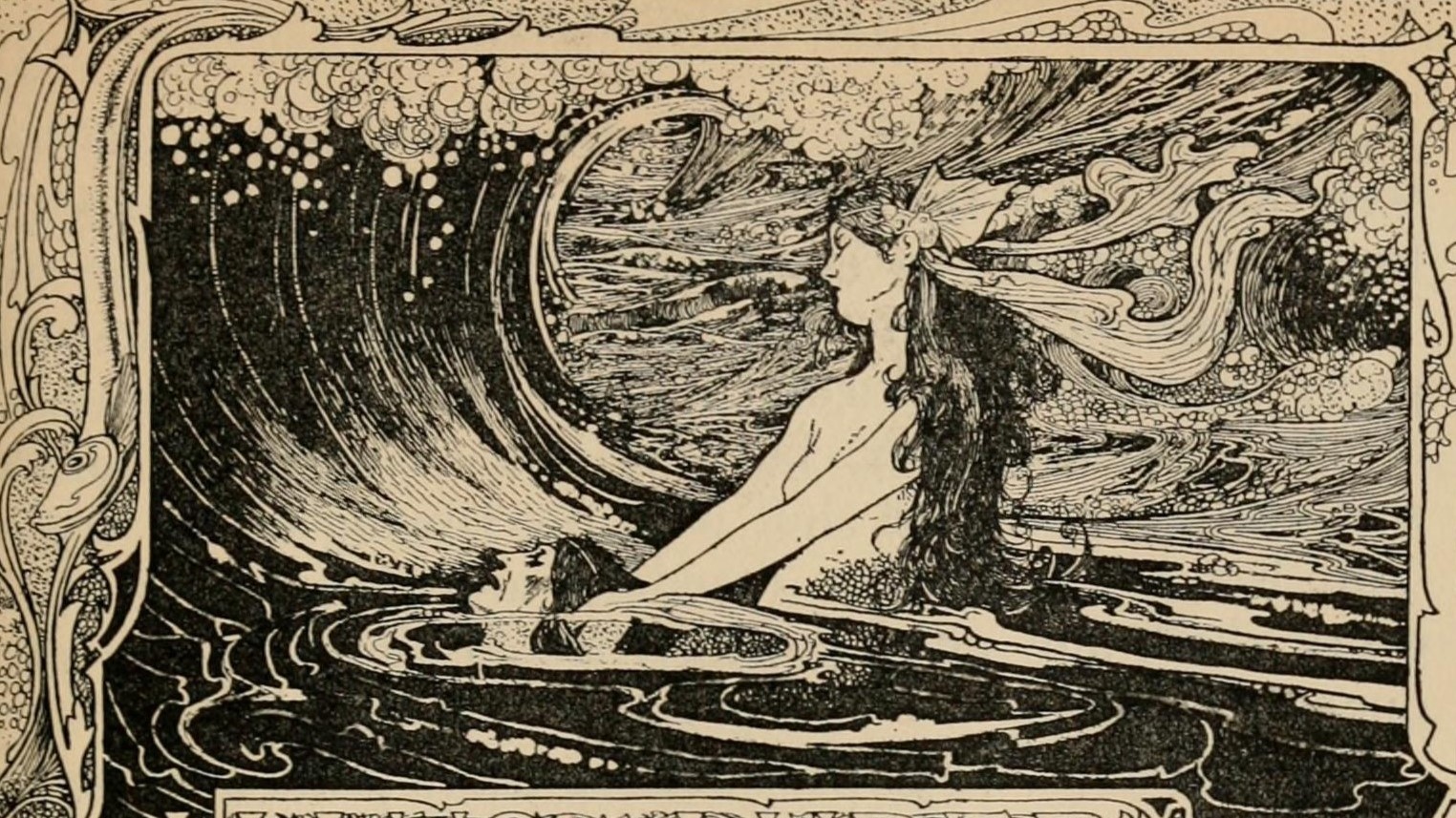 チャールズ・ロビンソンによる「人魚姫」の挿画。波間から顔を出した人魚姫の周りを、鮮やかなピンク色の魚たちが泳いでいる。19世紀末の明るく華やかな色彩のイラスト。