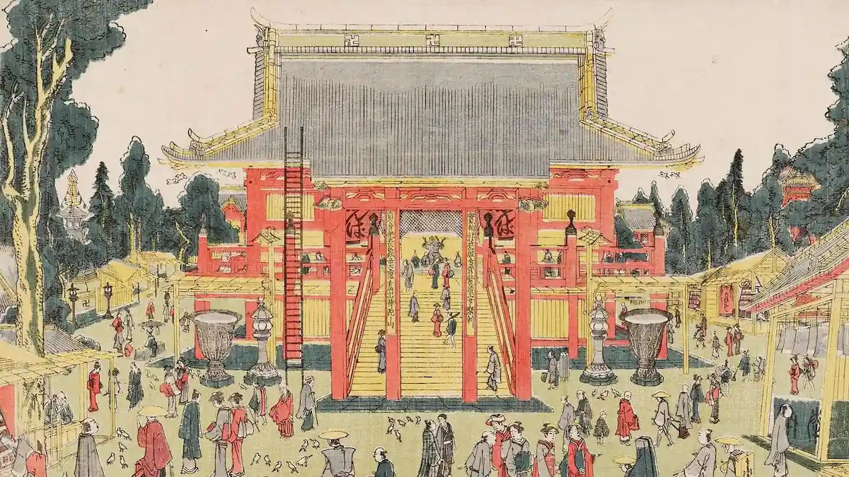 歌川広重による浮世絵。画面中央に巨大な朱塗りの山門（仁王門）がそびえ、その周囲や階段には参拝客や物売りの人々がひしめき合っている。江戸の活気ある寺社参拝の様子を描いた『浅草金龍山』の図。