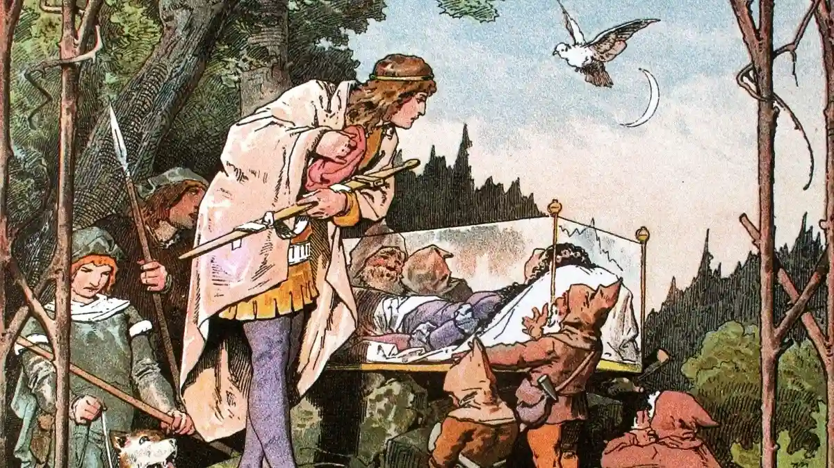 ガラスの棺に眠る白雪姫と七人の小人、身を乗り出す王子 ― アレクサンダー・ツィック（1845–1907）画