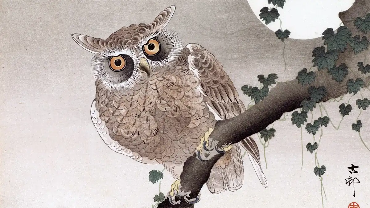小原古邨の日本画「月にミミズク」。満月の夜に枝に止まるミミズクを描いた、パブリックドメインの木版画
