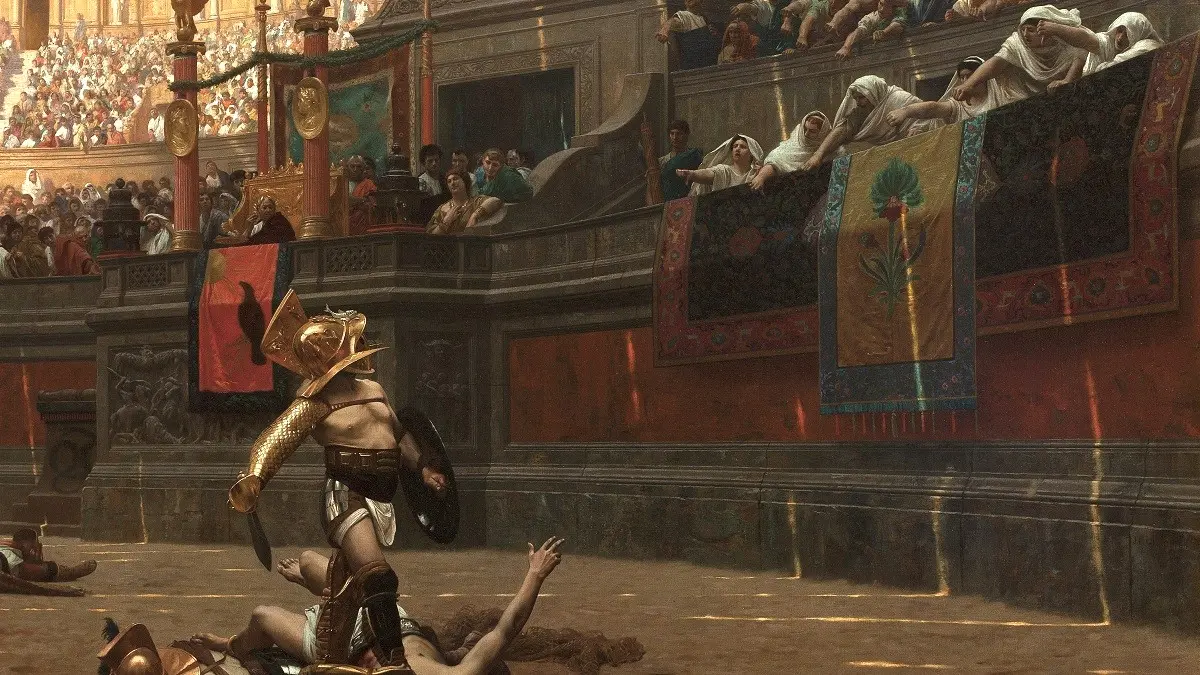 古代ローマのコロッセオでの剣闘士の戦いを描いた、パブリックドメインの歴史画。勝利した剣闘士が敗者の首を踏みつけ、観客やベスタの処女たちがとどめを刺すよう親指を下に向けて合図を送っている、ジャン＝レオン・ジェロームによる写実的な油彩作品