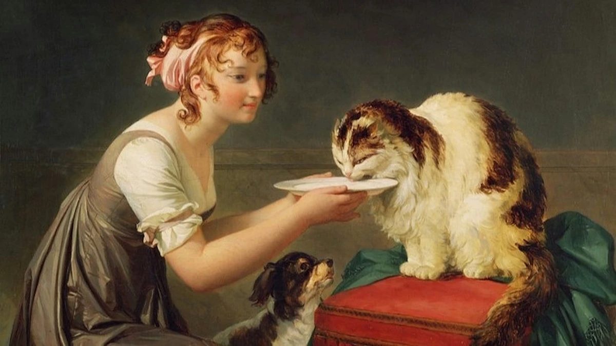 マルグリット・ジェラール作『猫の食事』（1800年頃）。少女が猫にミルクを差し出す穏やかな日常を描いたパブリックドメインの絵画。